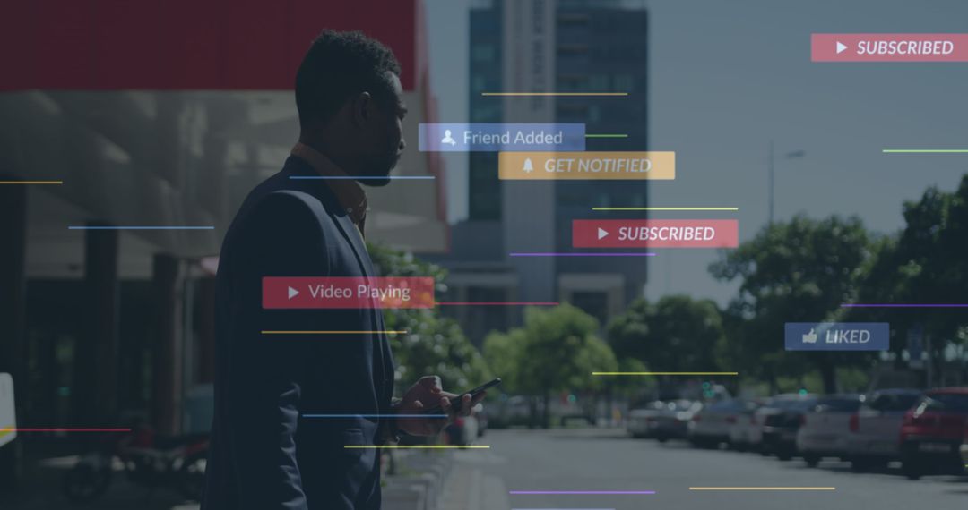 African American Businessman Using Smartphone with Social Media Icons