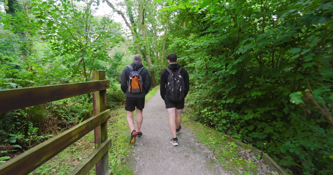 Two Men Hiking on Forest Path with Backpacks in Lush Wilderness