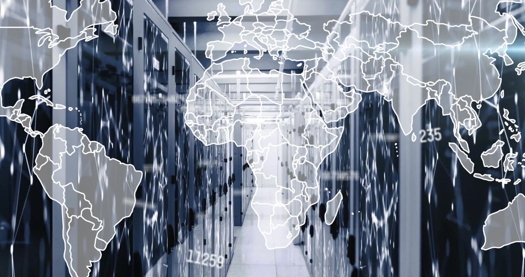 Global networking in modern data center with world map overlay
