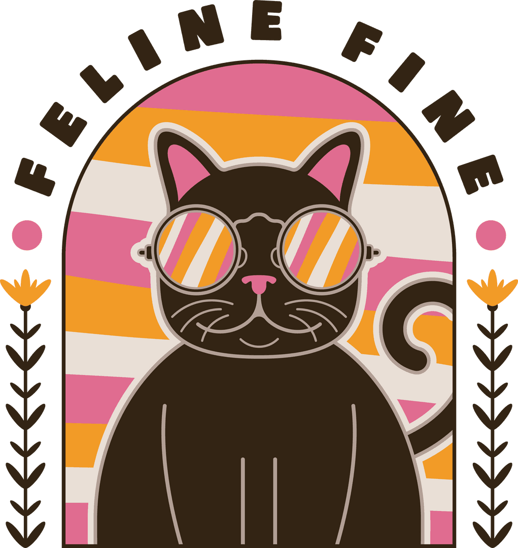 Stylized Brown Cat with Sunglasses Design on Transparent Background