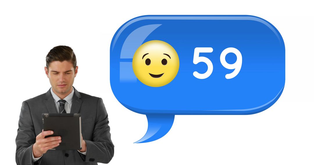 Businessman Engaging with SocialMedia Stats on Tablet with Emoji Counter - Free Images, Stock Photos and Pictures on Pikwizard.com