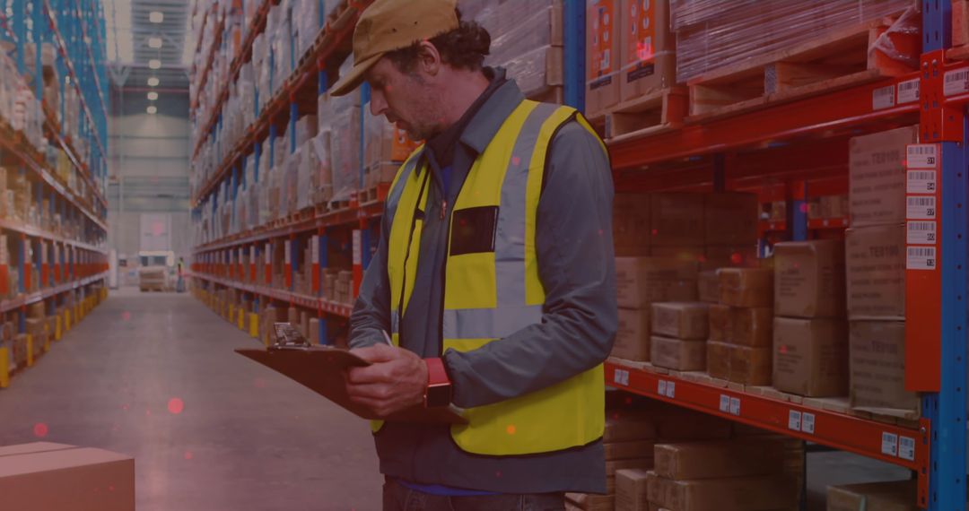 Warehouse Worker Managing Inventory Amid Glowing Light Effects