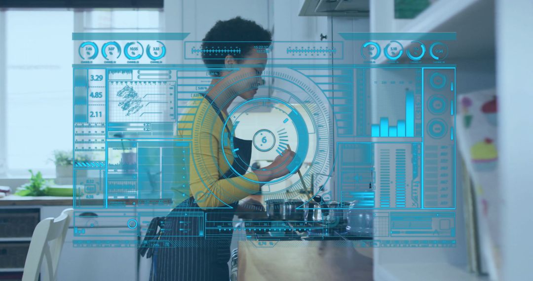 Woman Interacting with Futuristic Kitchen Holographic Interface