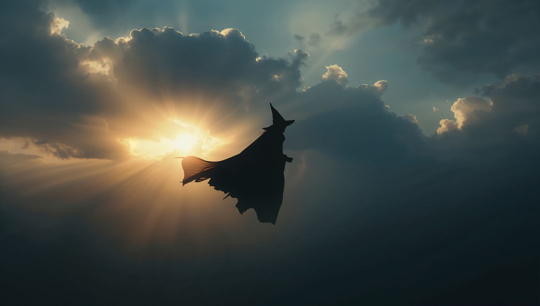 Silhouetted Figure Soaring Against Golden Sunrays in Mystical Sky