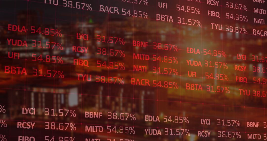 Floating Red Stock Ticker Over Cityscape at Dusk