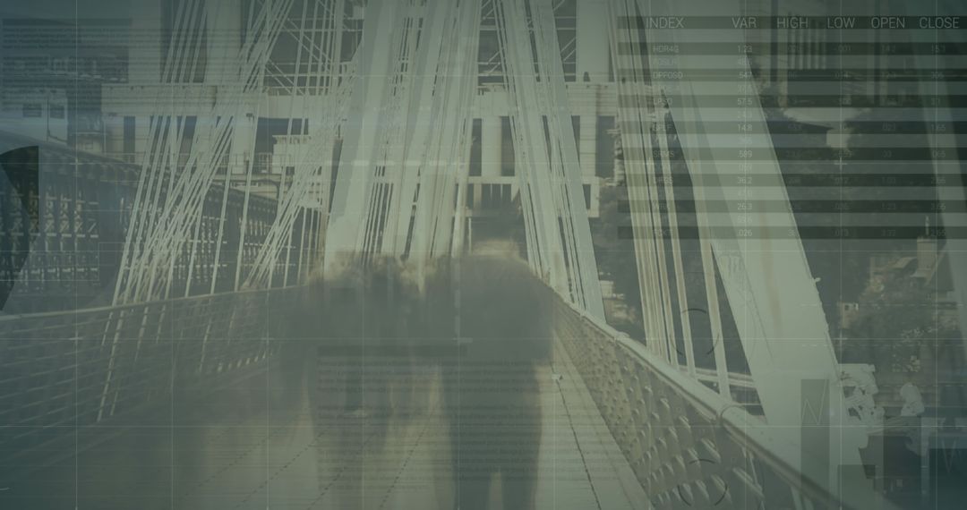 Blurred Figures Crossing Bridge with Data Overlay