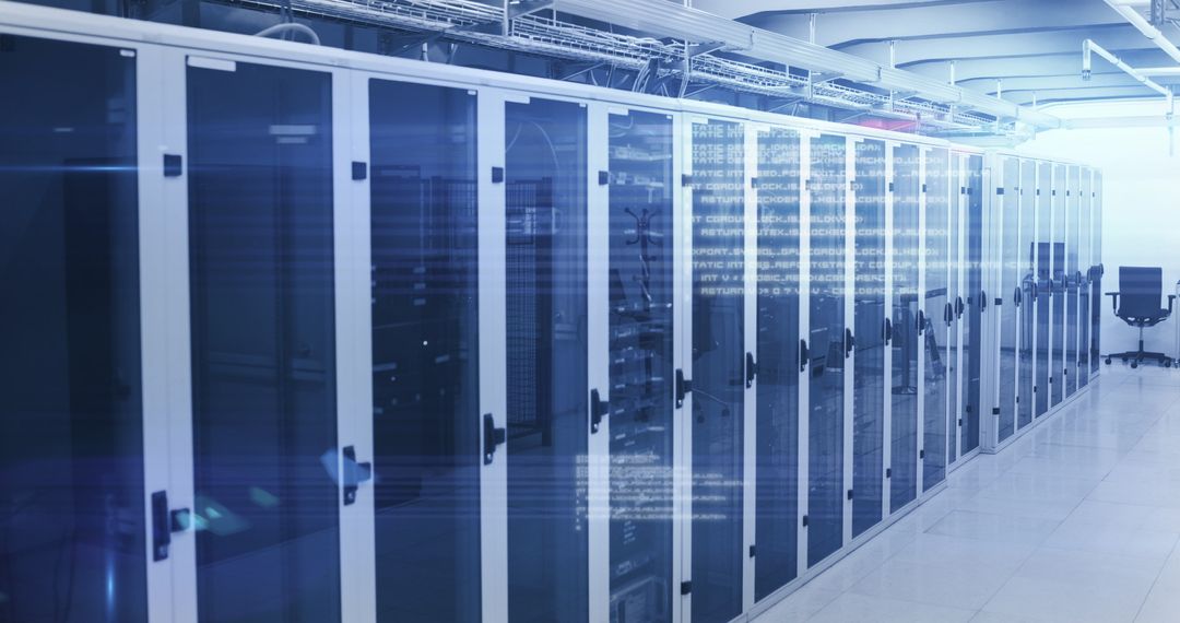 Modern Server Room with Flowing Digital Data