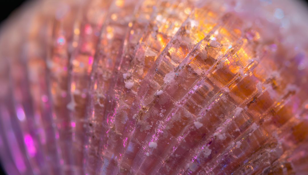 Iridescent Scallop Shell Macro Showing Pearly Nacre and Sand Particles in Pink Gold Light