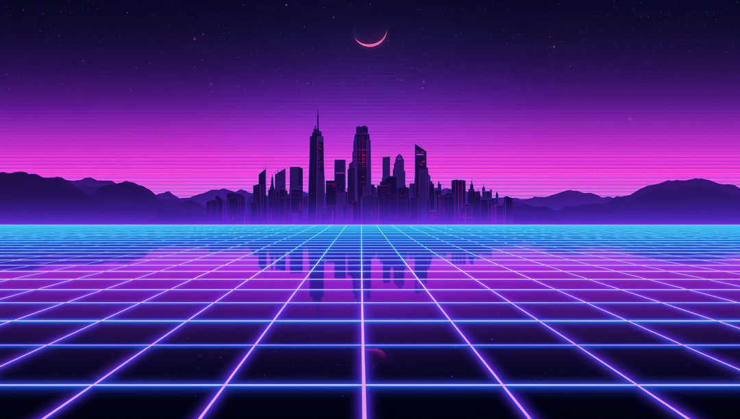 Glowing Neon City Skyline Reflecting on Retro Grid with Crescent Moon and Mountains