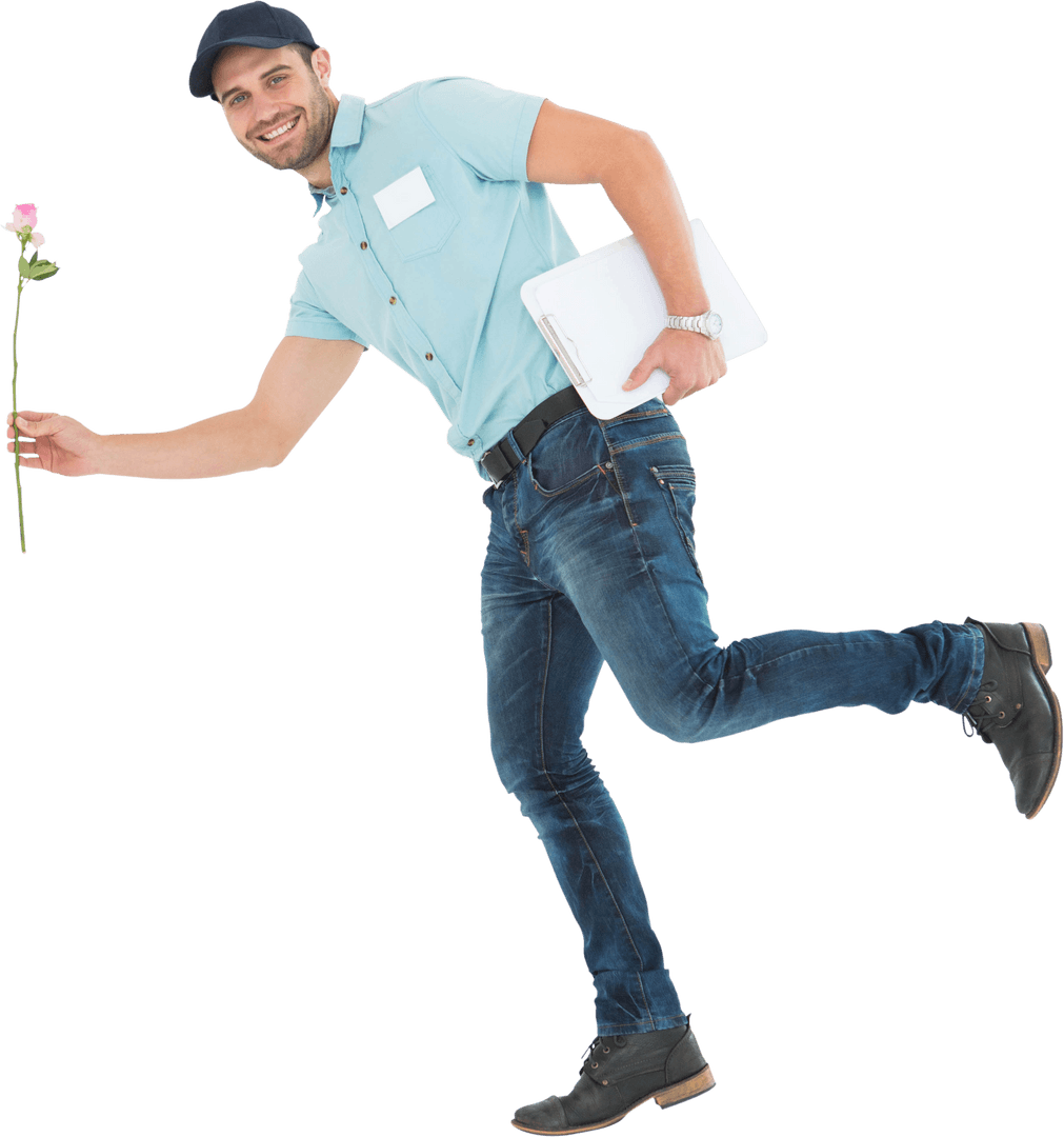Happy Delivery Man Running with Flower in Transparent Background