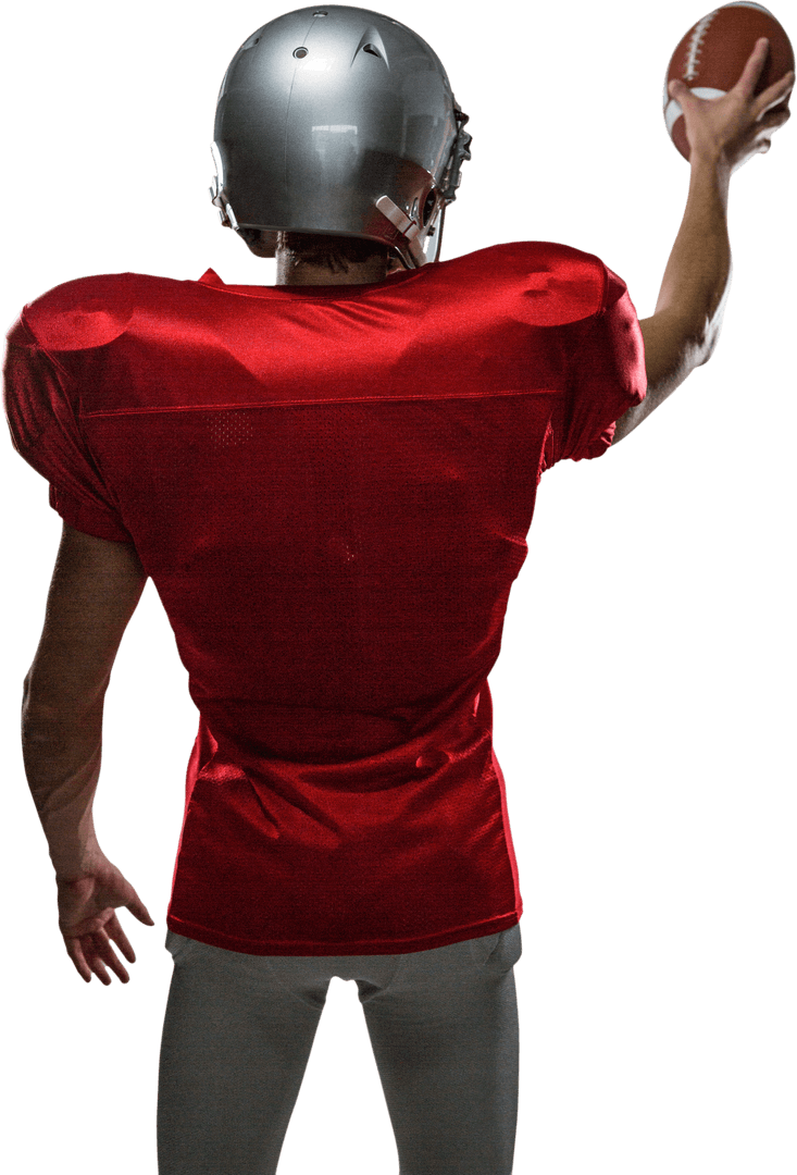 American Football Player in Red Jersey with Football Transparent Background