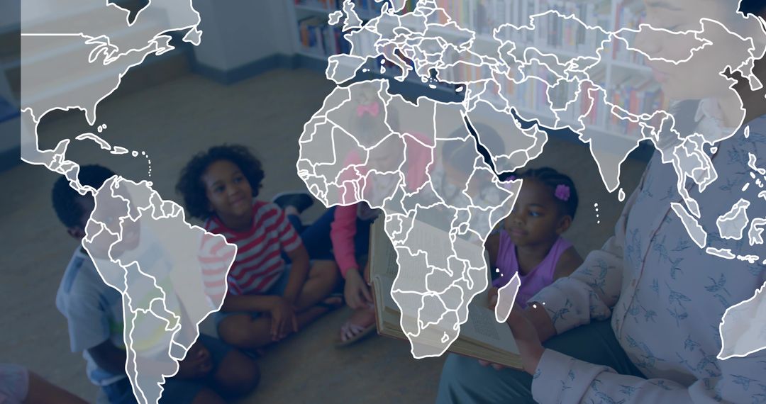 Multicultural children listening to educator reading picture book with world map overlay