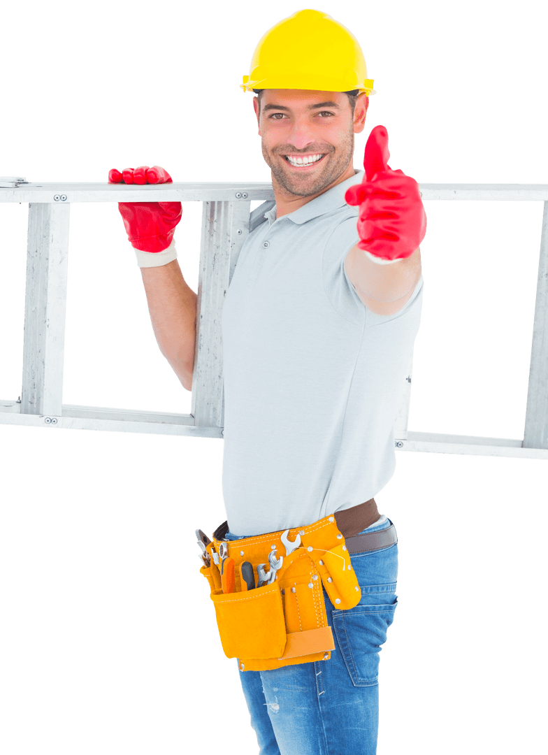 Transparent Handyman Giving Thumbs Up with Ladder