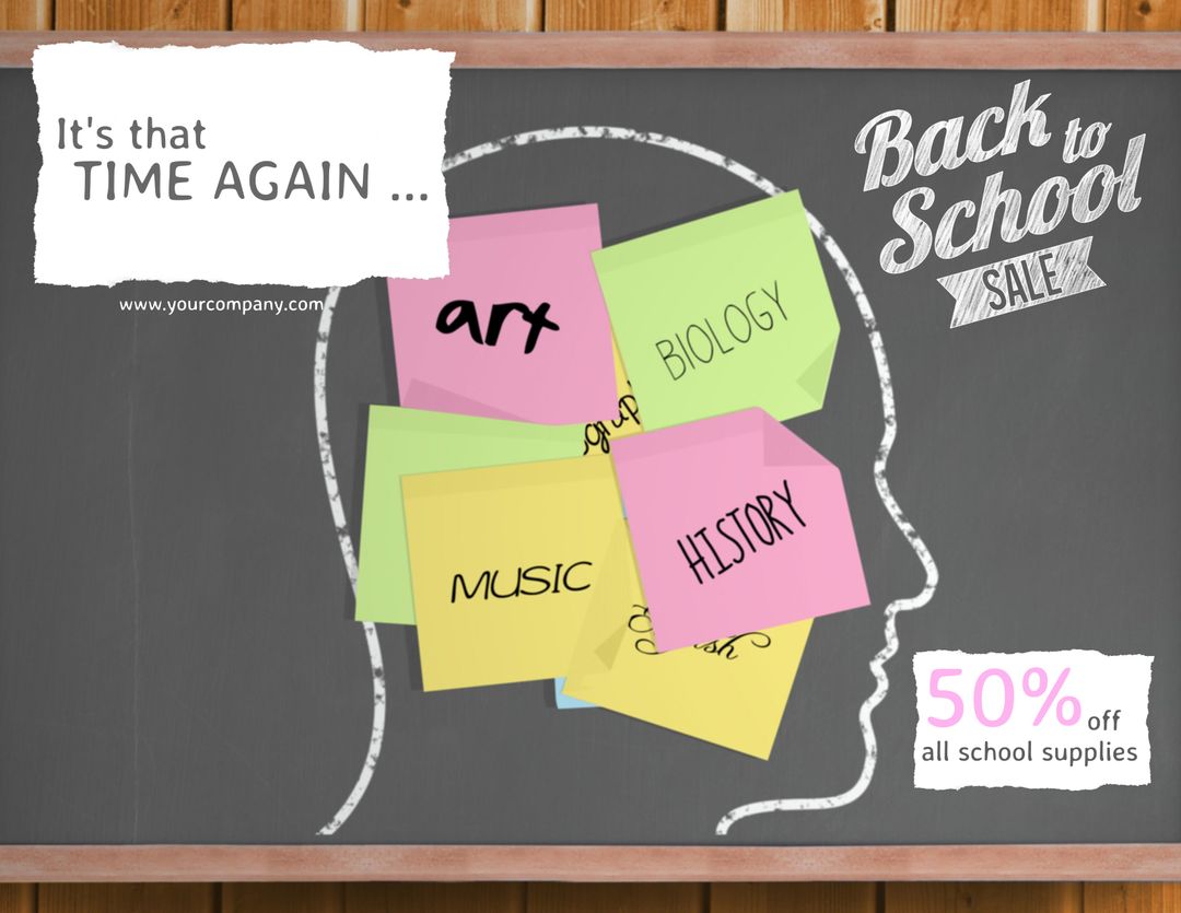 Back to School Sale with Colorful Subject Sticky Notes on Chalkboard