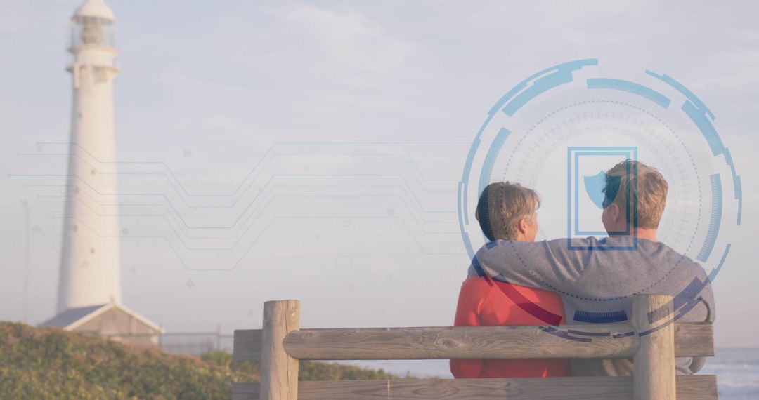 Couple Embracing on Bench Near Lighthouse with Digital Overlay