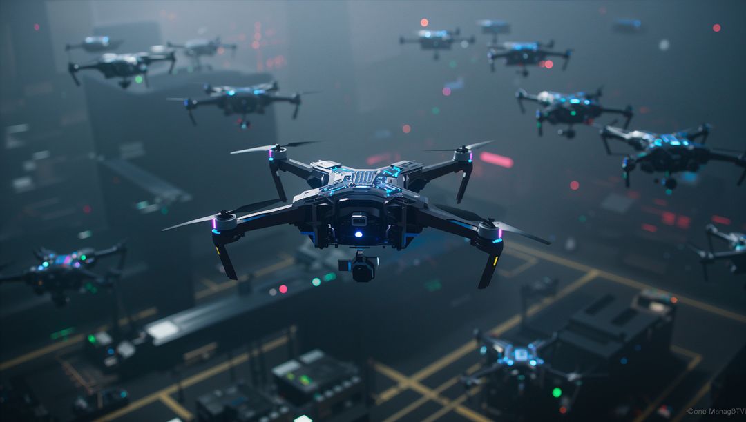 Futuristic Swarm of Drones Hovering in Industrial Hangar
