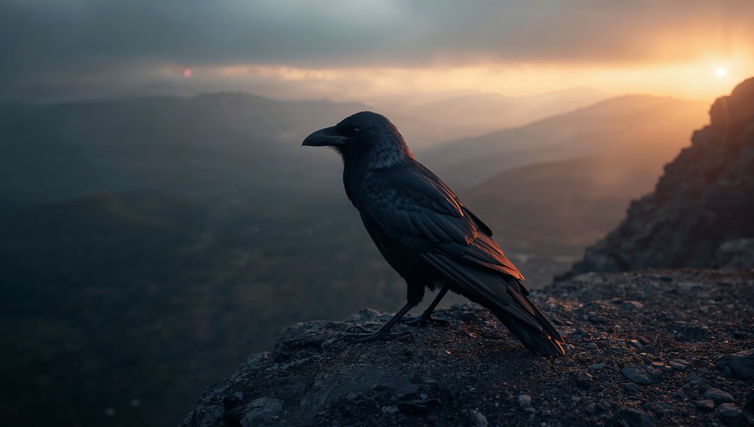 Majestic Raven Perching on Scenic Cliff at Sunset