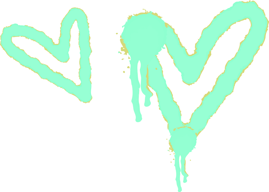 Handpainted Turquoise Hearts Transparent, Drips and Yellow Flecks