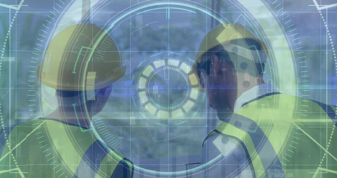 Futuristic AR Interface with Construction Workers Analyzing Blueprints