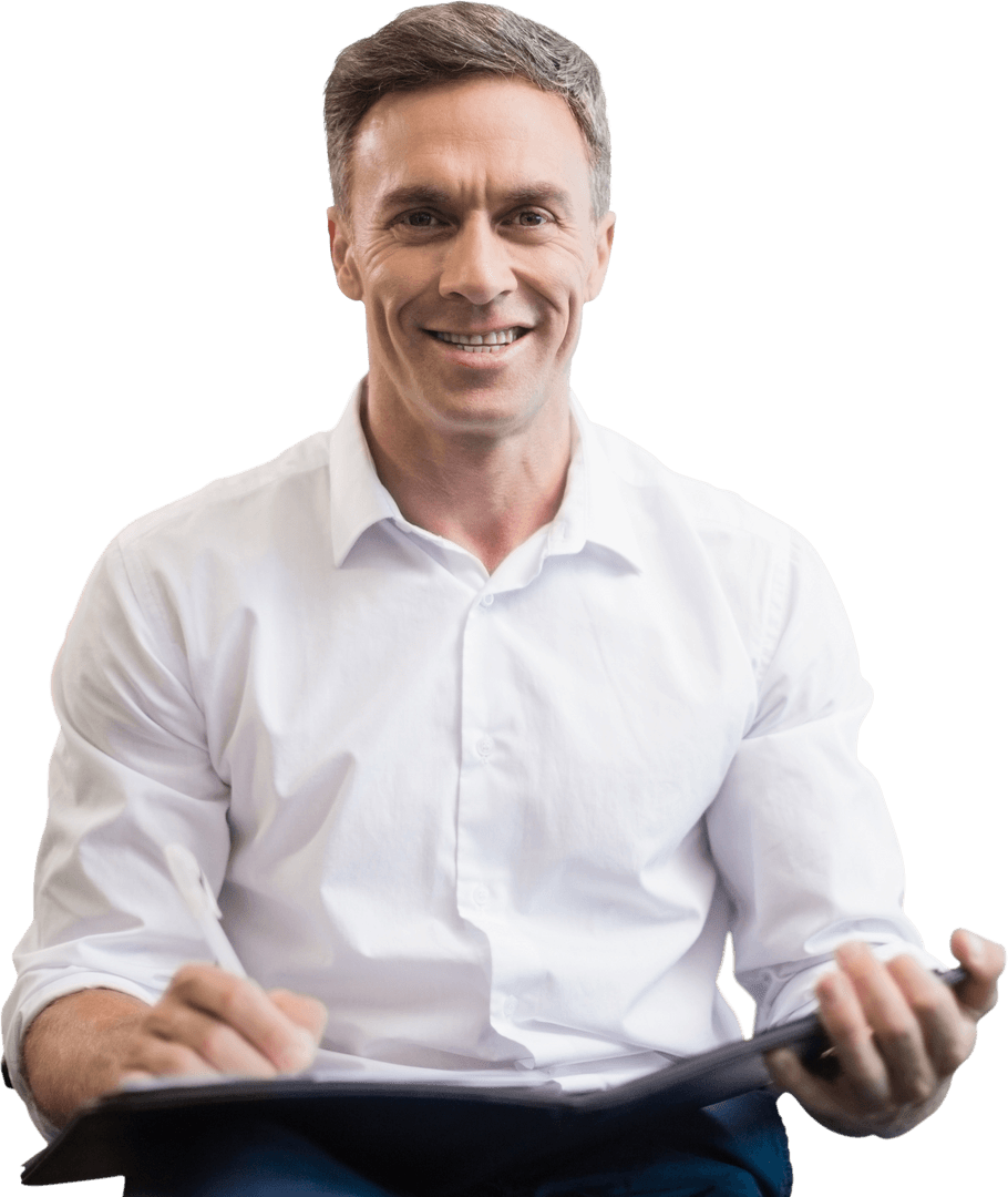 Transparent Smiling Businessman Writing Notes Confidently
