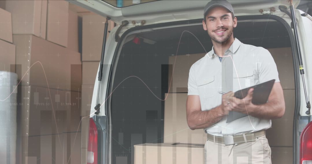 Smiling Delivery Man Checking Inventory with Digital Tablet by Van