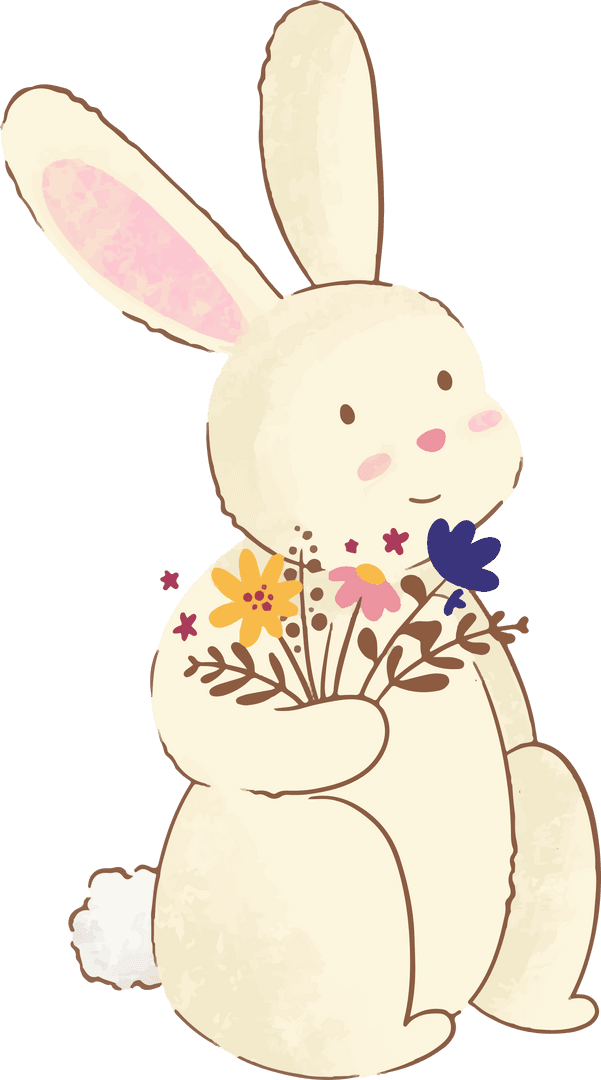 Whimsical Cartoon Bunny with Wildflower Bouquet, Transparent Background