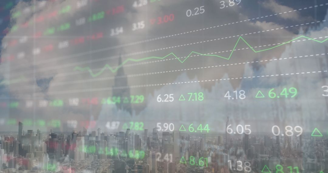 Digital Stock Market Data Overlaying Modern Cityscape