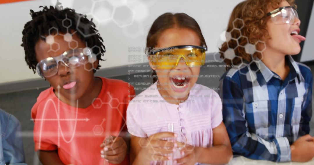 Diverse Children Engaged in Science Experiment with Virtual Overlay
