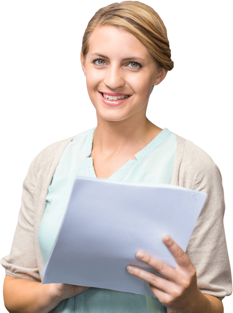 Smiling Caucasian Woman Holding Documents on Transparent Background