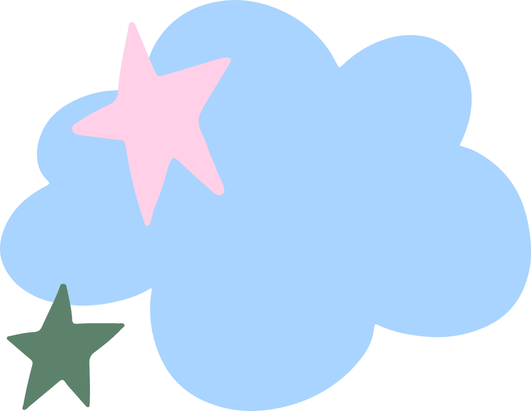 Pastel Blue Cloud with Pink and Sage Green Stars on Transparent Background