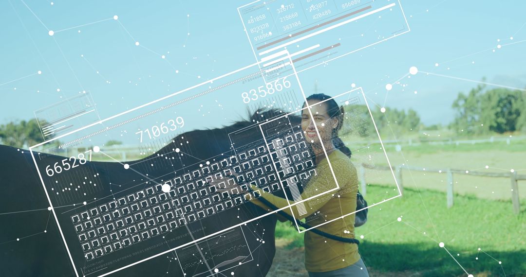 Woman Embracing Horse with Digital Interface Overlay in Green Pasture