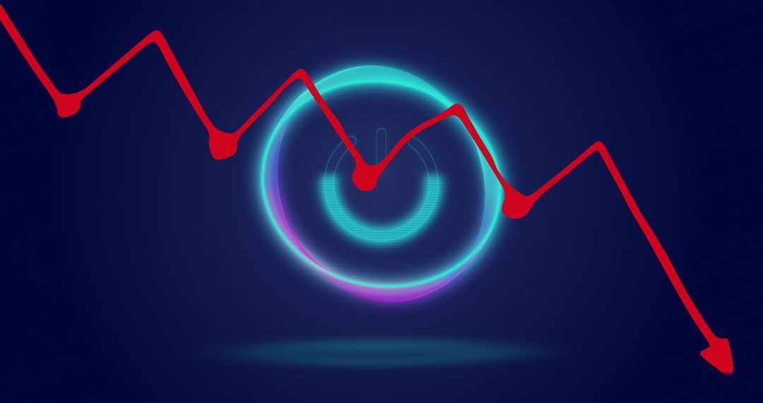 Glowing Power Icon with Descending Trend Line on Dark Background