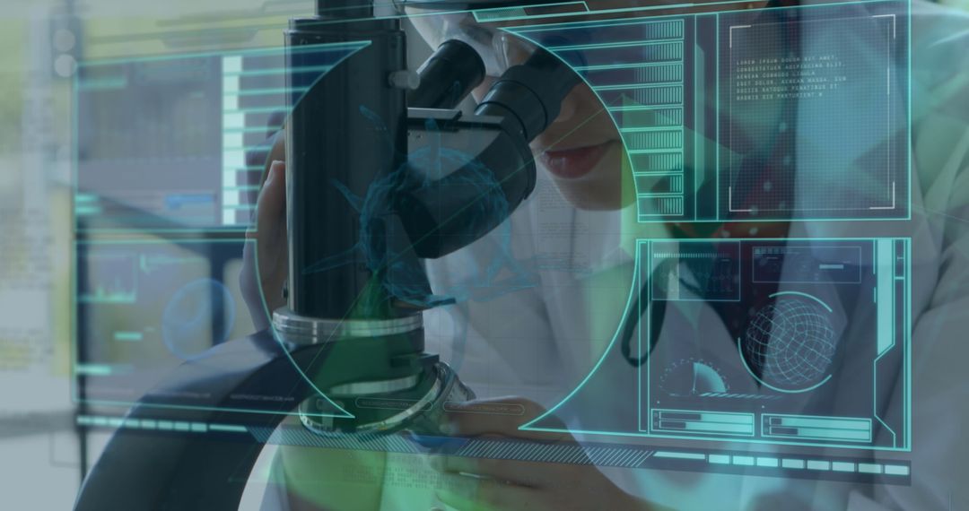 Scientist Analyzing COVID-19 with Microscope and Data Overlay