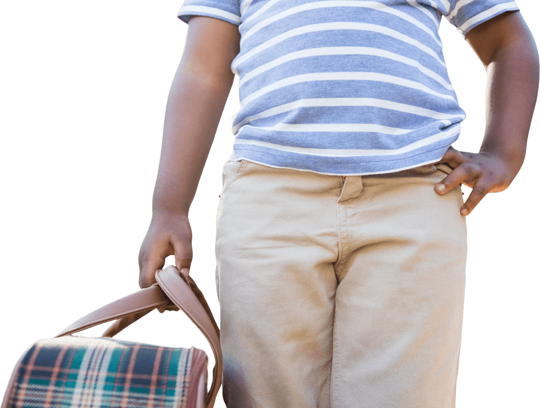 Young Child Carrying Vintage Plaid Bag on Transparent Background