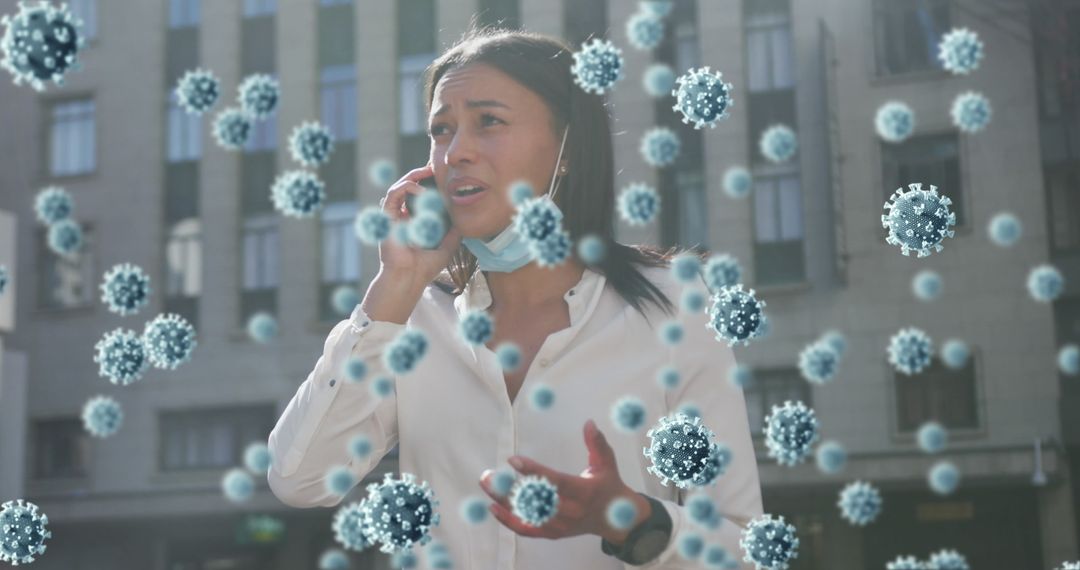 Worried Woman Using Smartphone with Virus Cells Overlay