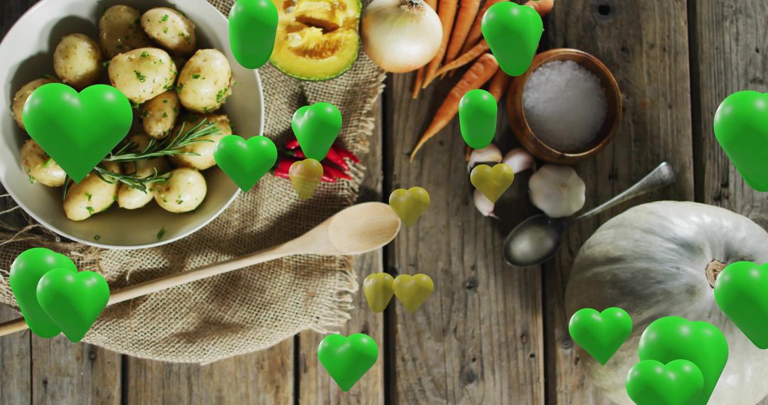Rustic potato bowl flatlay with green hearts floating over wooden kitchen table