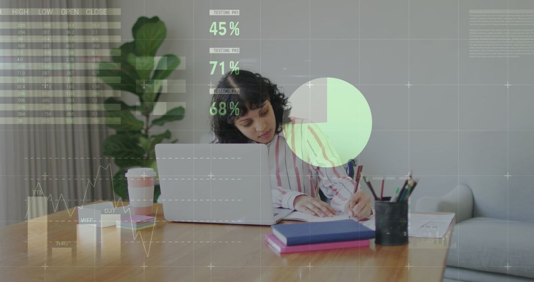Businesswoman Analyzing Data with Laptop and Digital Interface