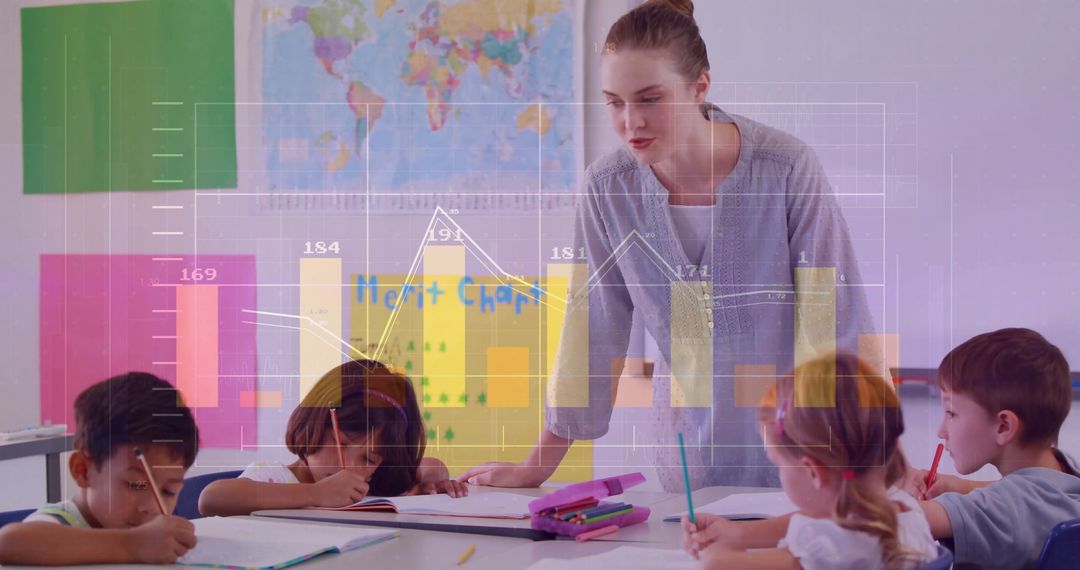 Teacher Assisting Students with Technology Metalayer in Classroom