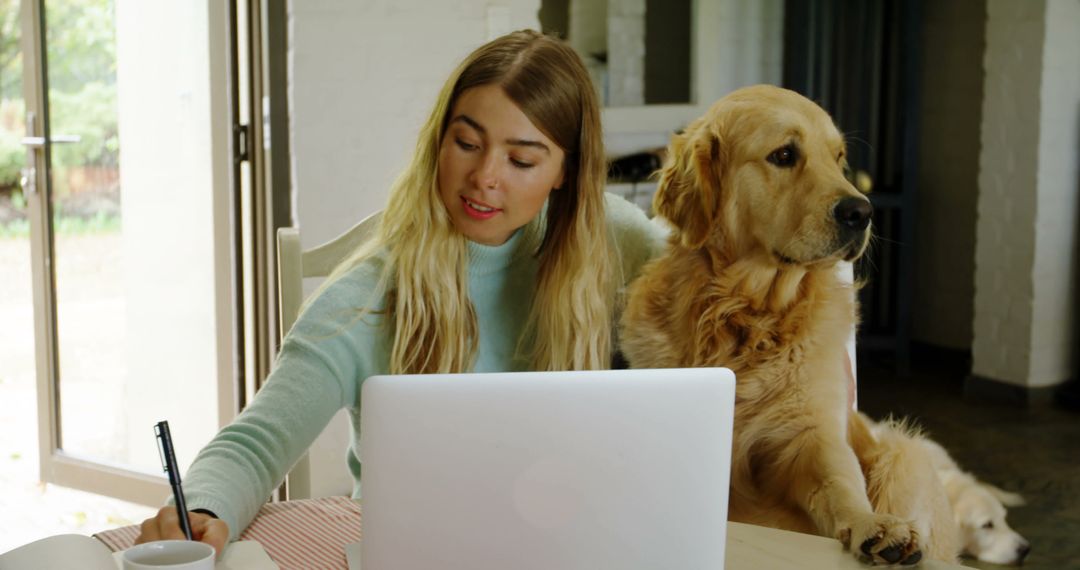 Young Woman Working From Home with Golden Retriever on Lap - Free Images, Stock Photos and Pictures on Pikwizard.com