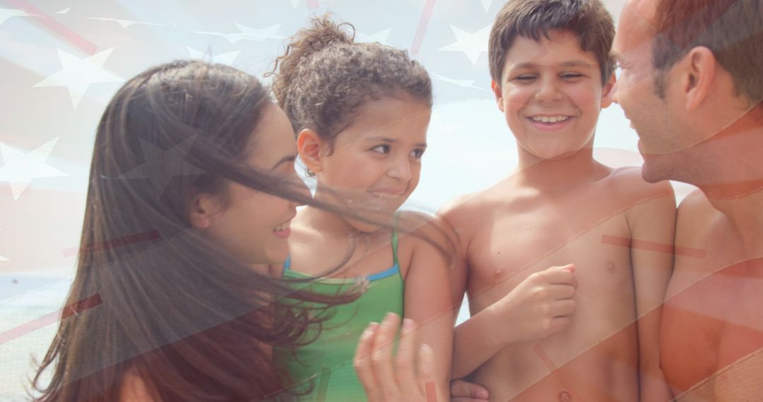 Joyful Family Bonding on Beach with National Flag Enhancement