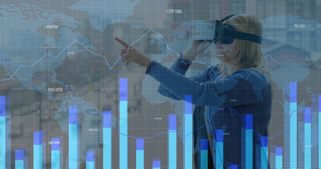 Woman Using VR Headset Interacting with Global Financial Data
