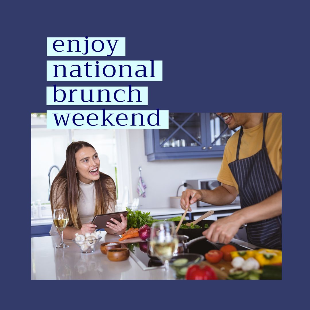 Composition of national brunch weekend text over diverse couple cooking - Download Free Stock Templates Pikwizard.com