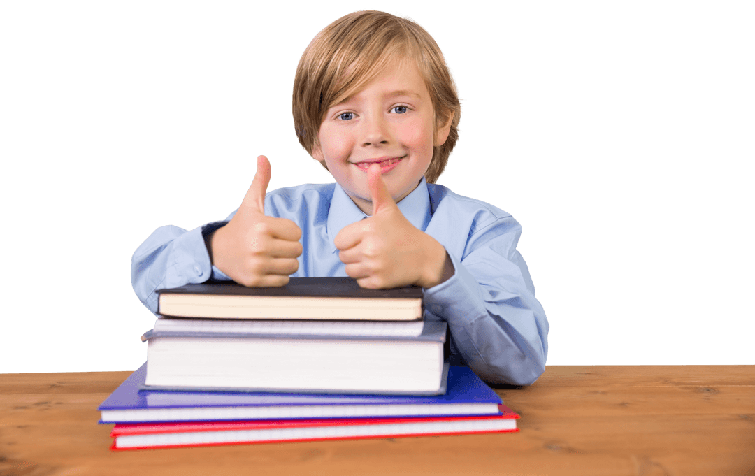 Happy Caucasian Boy with Books Giving Thumbs Up on Transparent Background