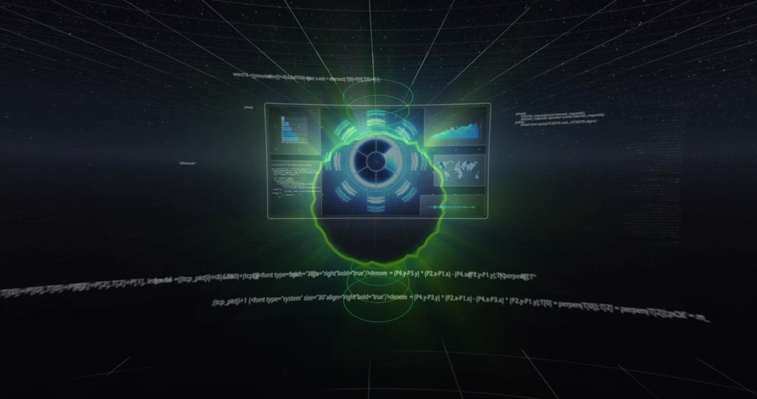 Rotating Holographic Cyber Dashboard Showing Circular Core and Neon Data Widgets
