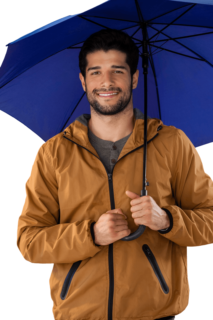 Smiling Man Holding Blue Umbrella Transparent Background