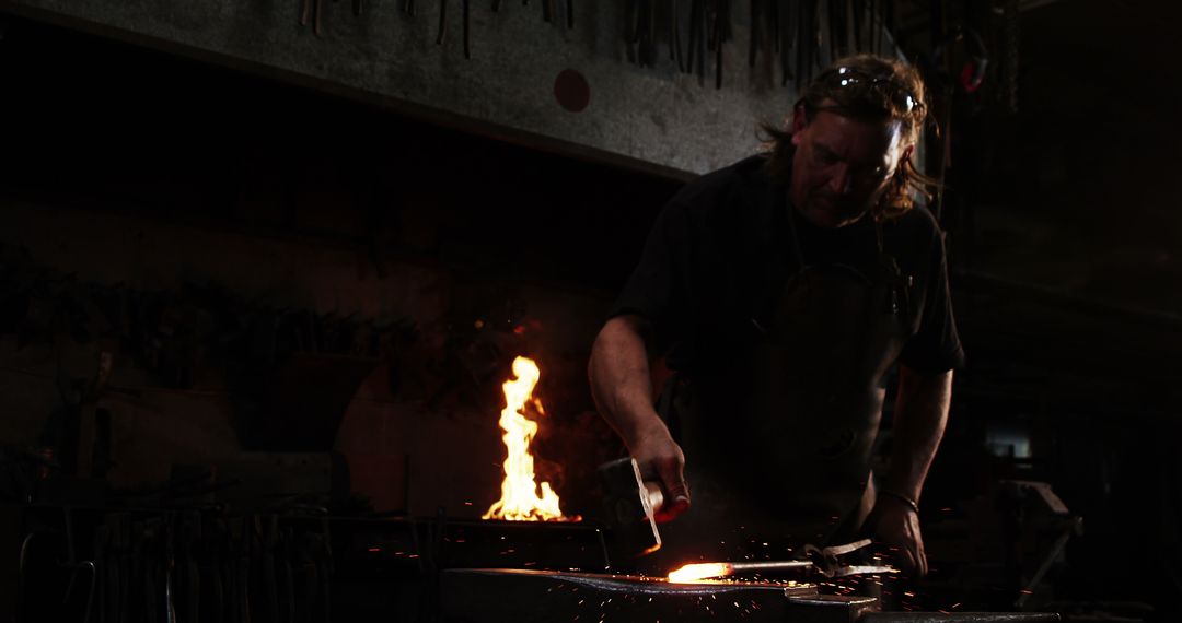 Blacksmith Crafting in Workshop with Flame and Sparks