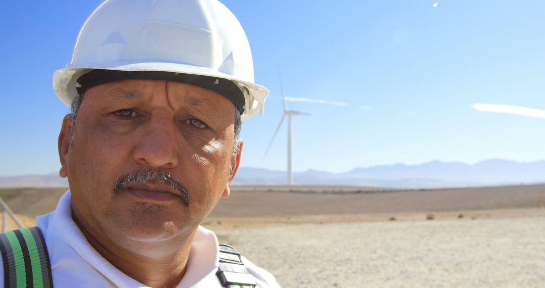 Engineer in Hard Hat at Wind Farm on Sunny Day - Free Images, Stock Photos and Pictures on Pikwizard.com