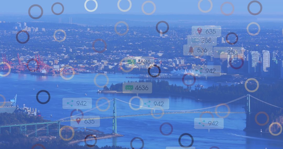 Digital Data Overlays on Cityscape Showing Social Media Connections