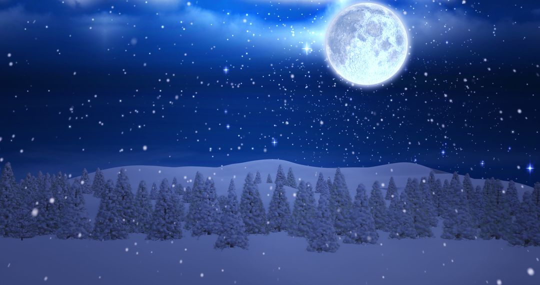 Peaceful Winter Night with Snowfall under Bright Full Moon