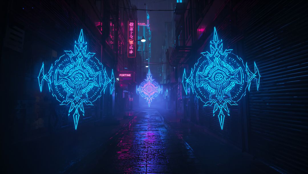 Futuristic Runic Holograms in Neon Lit Urban Alley